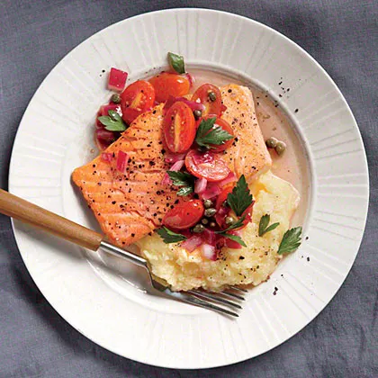 Grilled Salmon with Creamy Polenta and Garbanzo Vegetable Medley Grilled Salmon with Creamy Polenta and Garbanzo Vegetable Medley