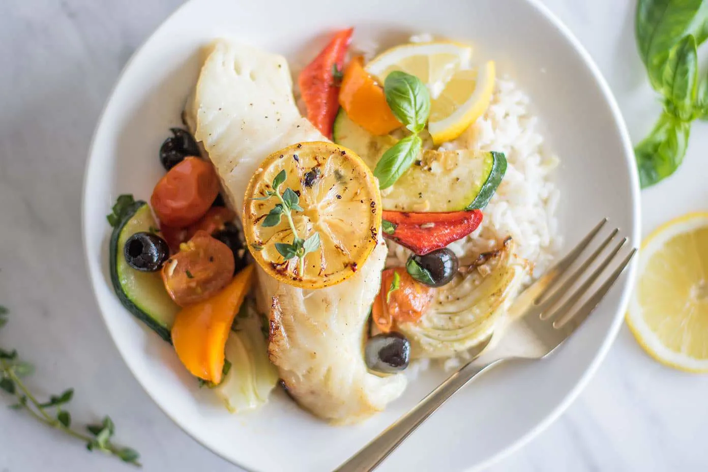 Grilled Cod with Mediterranean Rice and Grilled Vegetables Grilled Cod with Mediterranean Rice and Grilled Vegetables