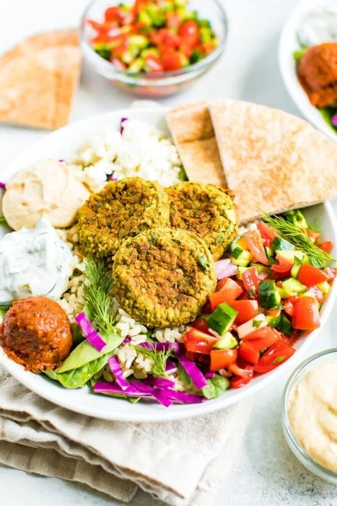 Falafel Rice Bowl with White Pita Falafel Rice Bowl with White Pita