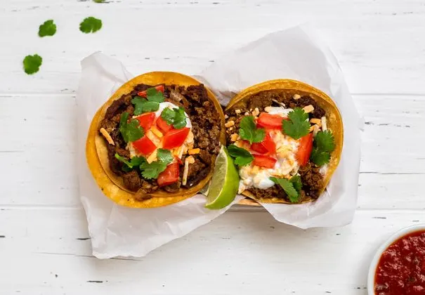 Vegan Impossible Street Tacos with Vegan Beans, Rice and Salsa