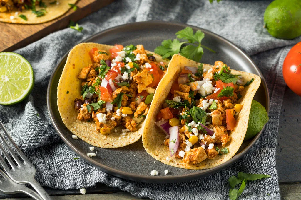 Vegetarian Impossible Super Tacos with Refried Beans, Rice and Salsa