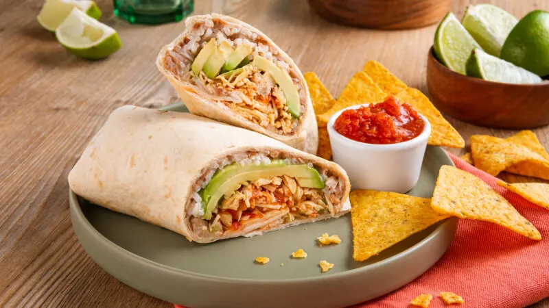 Chicken Burrito with Side of Tortilla Chips, Salsa & Guacamole Chicken Burrito with Side of Tortilla Chips, Salsa & Guacamole