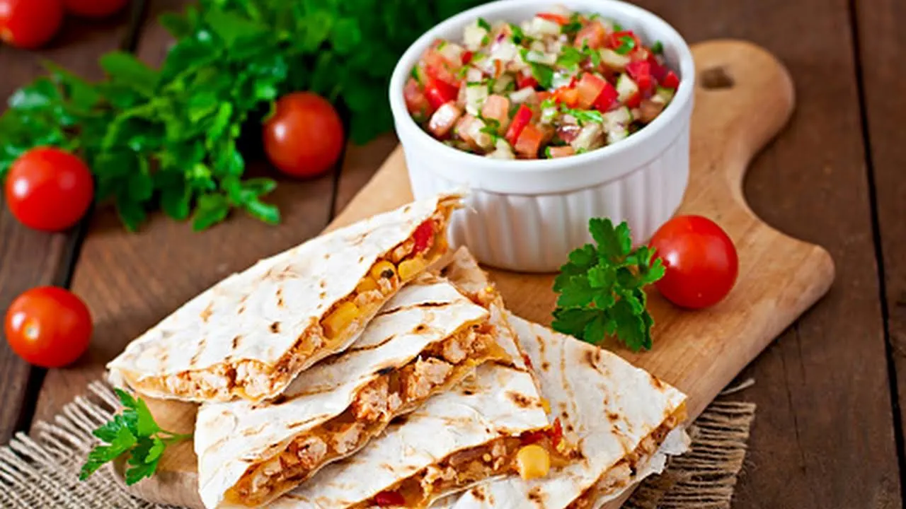 Chicken Quesadillas with Yellow Rice & Black Beans (Sour Cream, Salsa) Chicken Quesadillas with Yellow Rice & Black Beans (Sour Cream, Salsa)