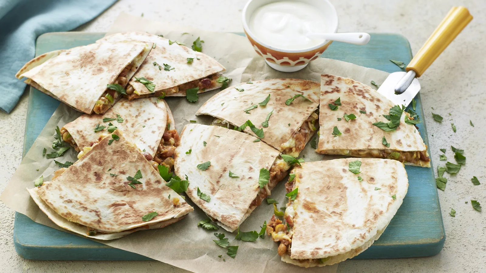 Veggie Quesadillas with Yellow Rice & Black Beans (Sour Cream, Salsa) Veggie Quesadillas with Yellow Rice & Black Beans (Sour Cream, Salsa)