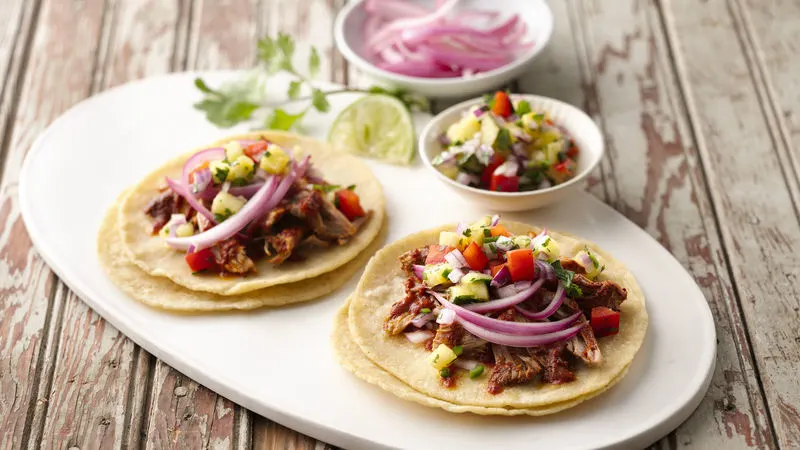 Pork Al Pastor Super Tacos with Refried Beans, Rice and Salsa