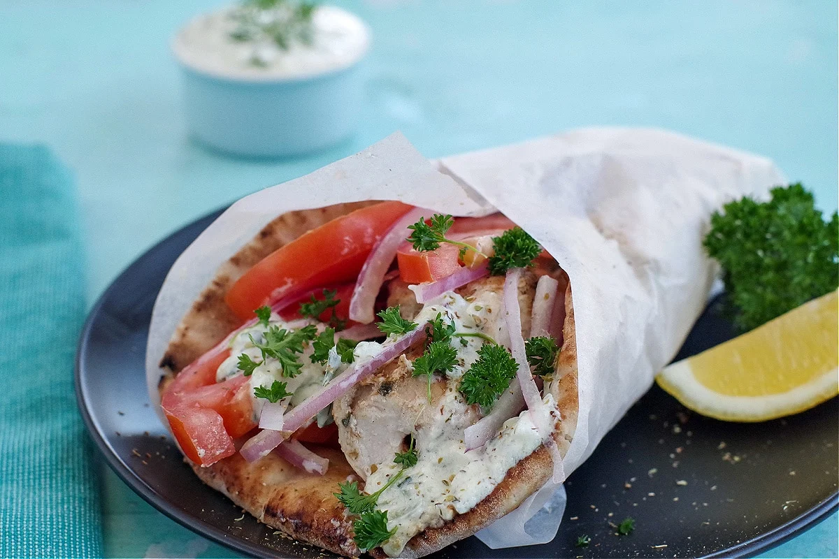 Individual Chicken Souvlaki Sticks Wrap Box with Pita Individual Chicken Souvlaki Sticks Wrap Box with Pita