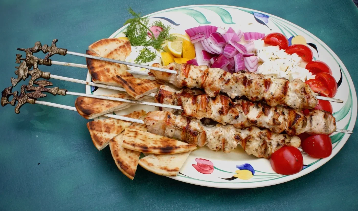 Individual Pork Souvlaki Sticks Platter Box with Pita Individual Pork Souvlaki Sticks Platter Box with Pita