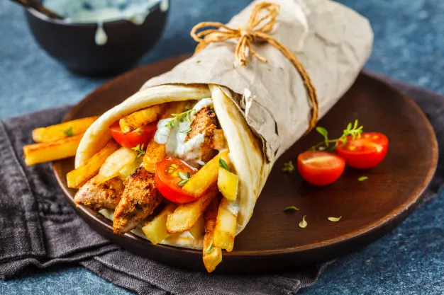 Individual Pork Souvlaki Sticks Wrap Box with Pita Individual Pork Souvlaki Sticks Wrap Box with Pita