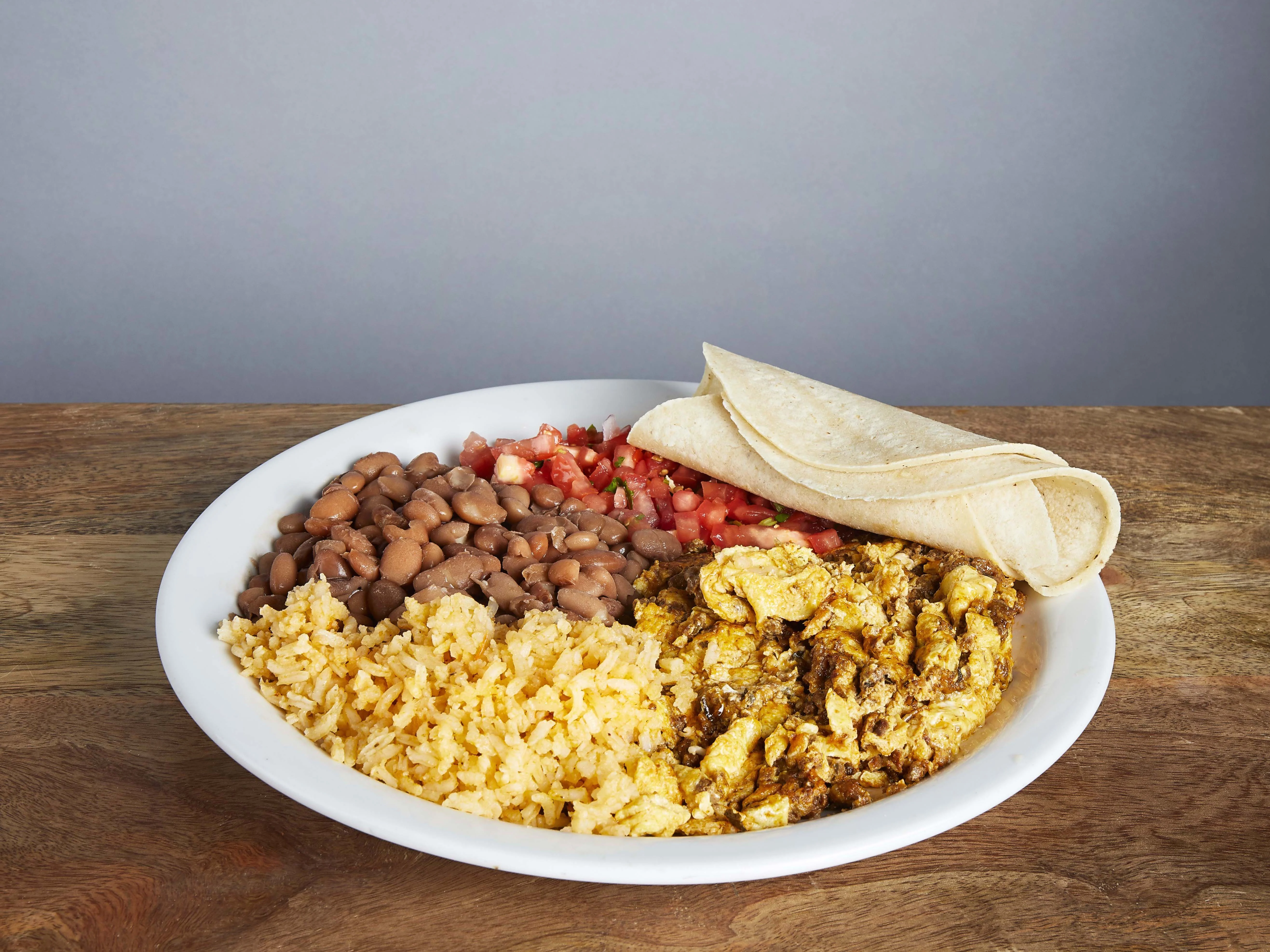 Boxed Chorizo & Eggs with Rice, Beans & Tortilla (Salsa)