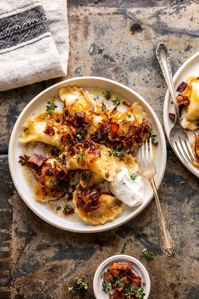 Baba's Potato Pierogi Lunchbox with Caramelized Onions and Mustard Sauce Baba's Potato Pierogi Lunchbox with Caramelized Onions and Mustard Sauce