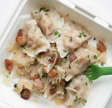 Mom's Fav Pierogi Lunchbox with Sauerkraut and Mustard Sauce Mom's Fav Pierogi Lunchbox with Sauerkraut and Mustard Sauce