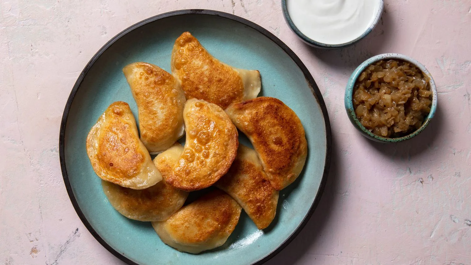 Potato & Cheese Pierogi Lunchbox with Caramelized Onions and Sour Cream & Chives Dip Potato & Cheese Pierogi Lunchbox with Caramelized Onions and Sour Cream & Chives Dip