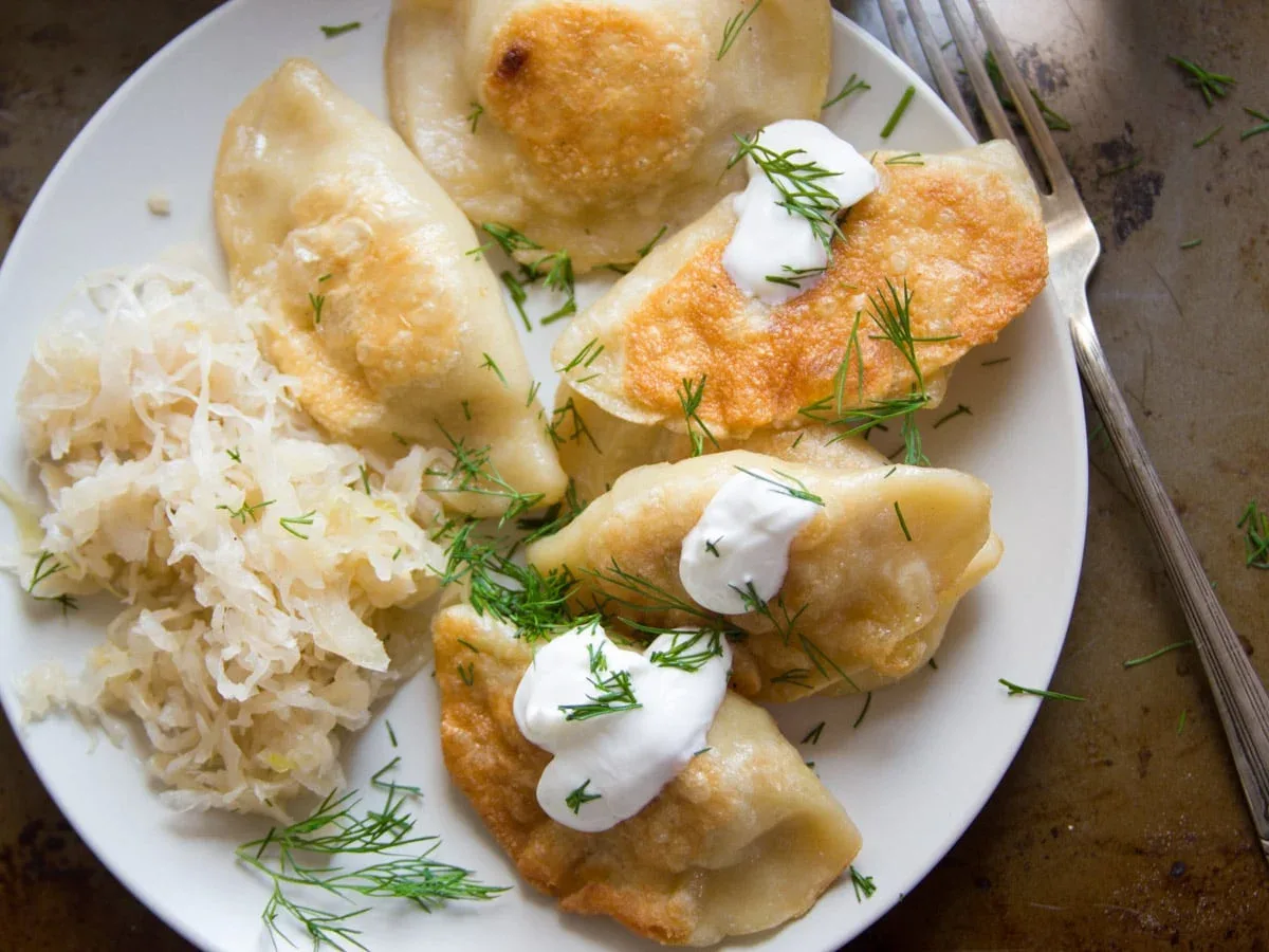 Vegan Jalapeño Pierogi Lunchbox with Caramelized Onions and Vegan Sour Cream & Chives Dip Vegan Jalapeño Pierogi Lunchbox with Caramelized Onions and Vegan Sour Cream & Chives Dip