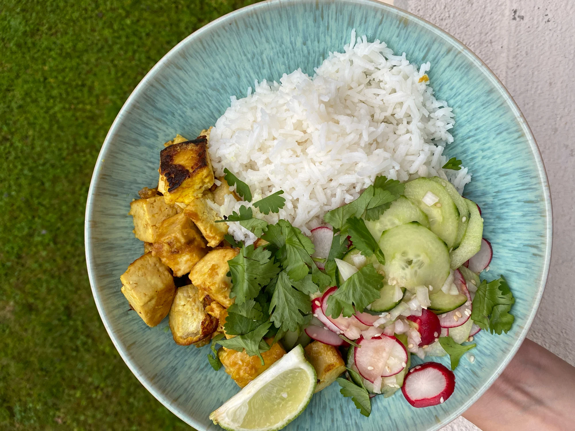 Thai Tofu Satay with White Rice and Cucumber Salad Thai Tofu Satay with White Rice and Cucumber Salad