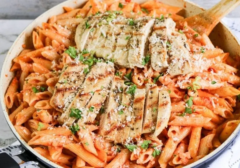 Chicken Francese with Penne alla Vodka and Italian Roasted Vegetables Chicken Francese with Penne alla Vodka and Italian Roasted Vegetables