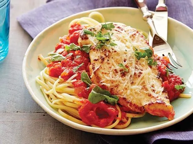 Chicken Parmesan with Linguini Aglio Olio and Italian Roasted Vegetables Chicken Parmesan with Linguini Aglio Olio and Italian Roasted Vegetables