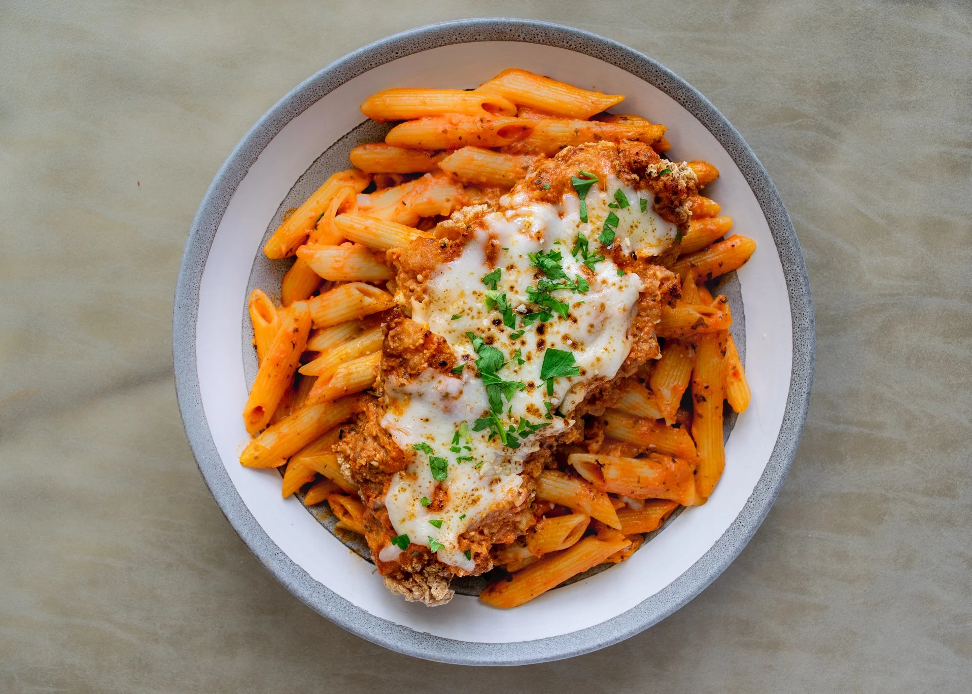 Chicken Parmesan with Penne alla Vodka and Italian Roasted Vegetables Chicken Parmesan with Penne alla Vodka and Italian Roasted Vegetables