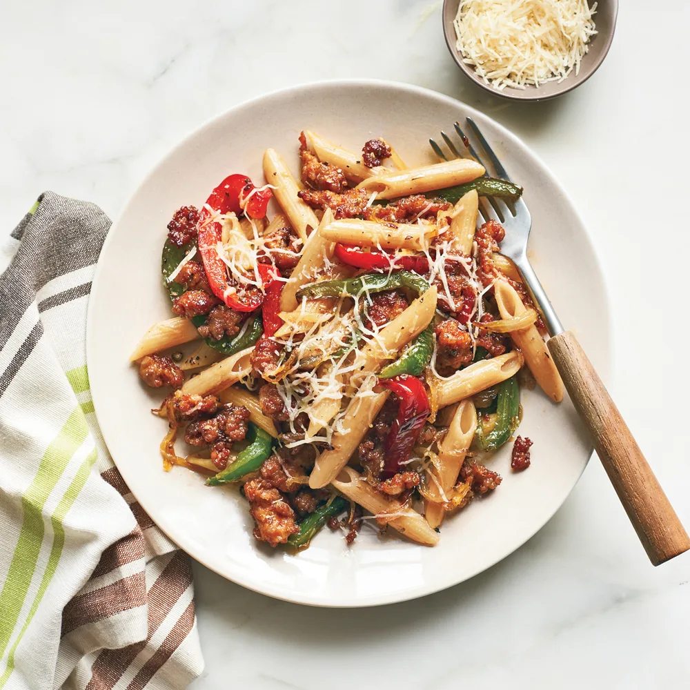 Sausage & Peppers with Penne alla Vodka and Italian Roasted Vegetables Sausage & Peppers with Penne alla Vodka and Italian Roasted Vegetables