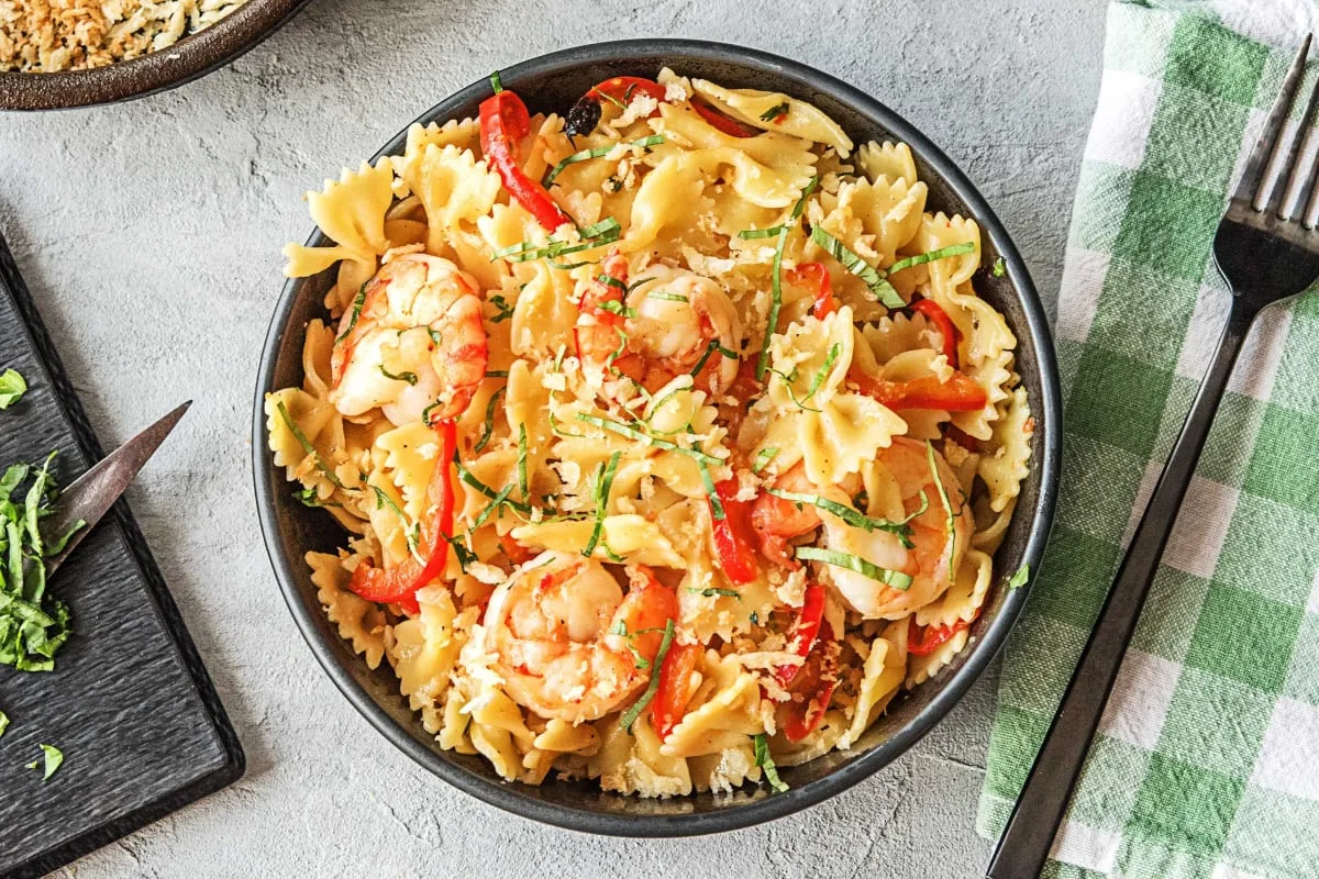 Shrimp Farfalle with Italian Roasted Vegetables and Garlic Bread Shrimp Farfalle with Italian Roasted Vegetables and Garlic Bread