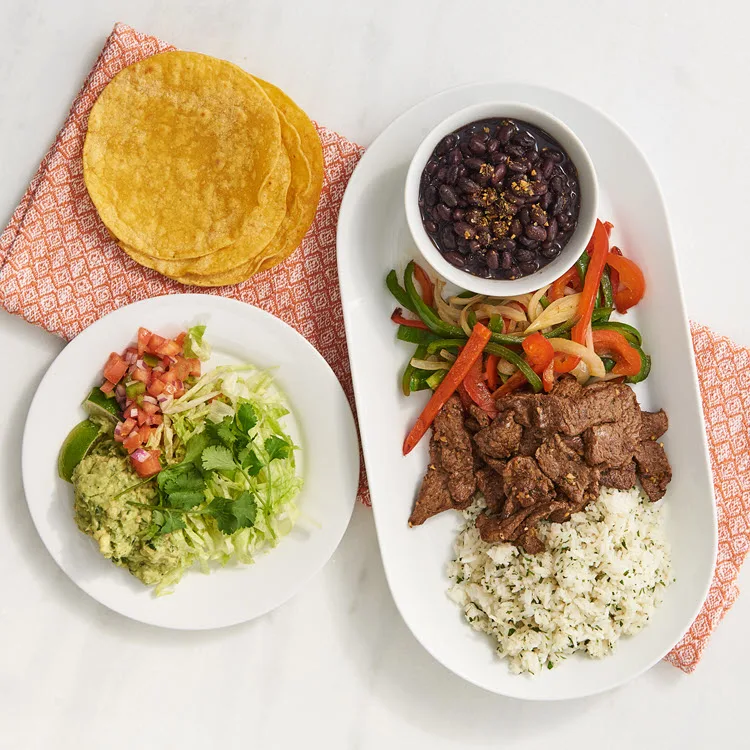 Beef Fajitas with Corn Tortilla, Yellow Rice & Black Beans (Sour Cream, Salsa) Beef Fajitas with Corn Tortilla, Yellow Rice & Black Beans (Sour Cream, Salsa)