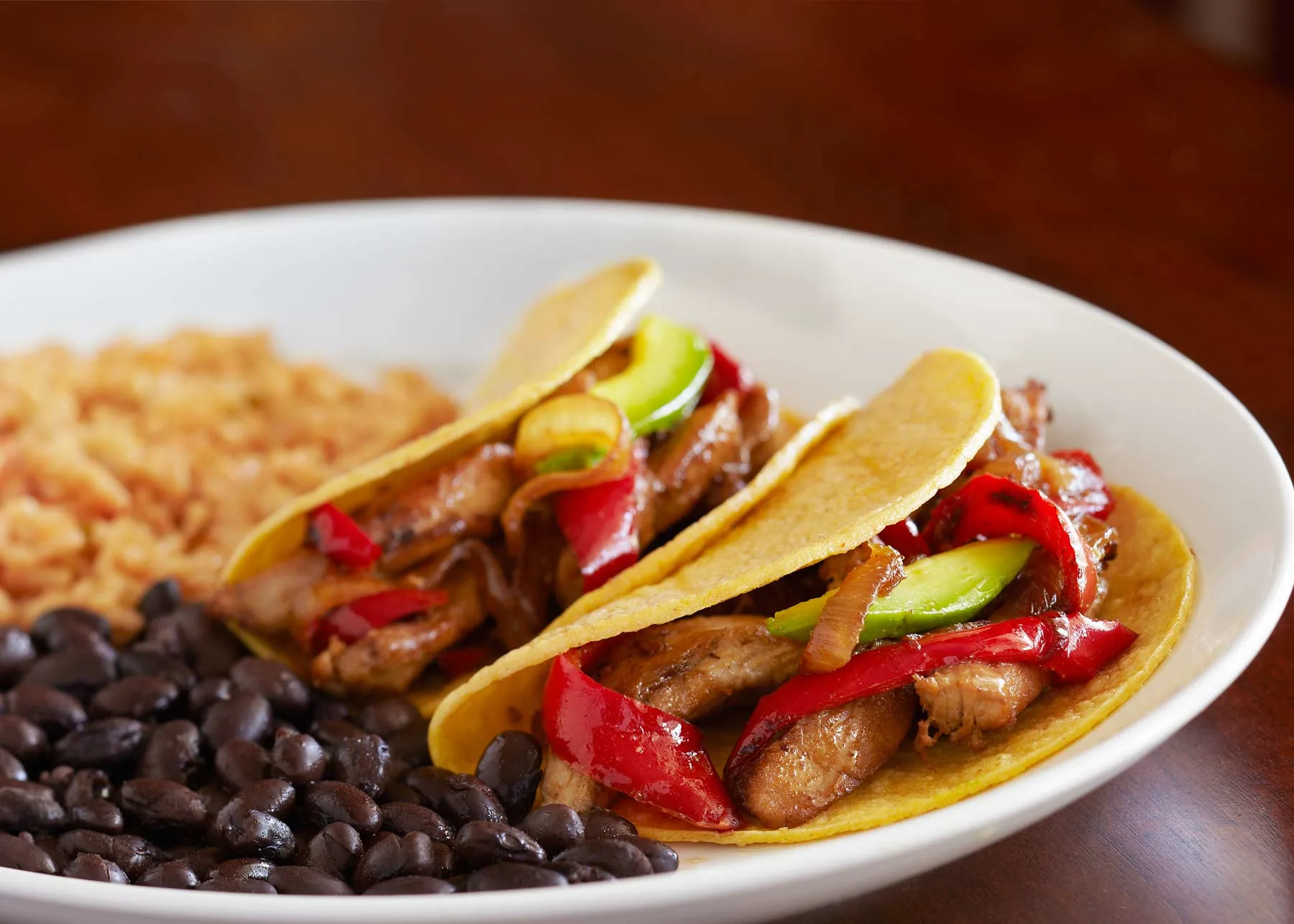 Chicken Fajitas with Corn Tortilla, Yellow Rice & Black Beans (Sour Cream, Salsa) Chicken Fajitas with Corn Tortilla, Yellow Rice & Black Beans (Sour Cream, Salsa)