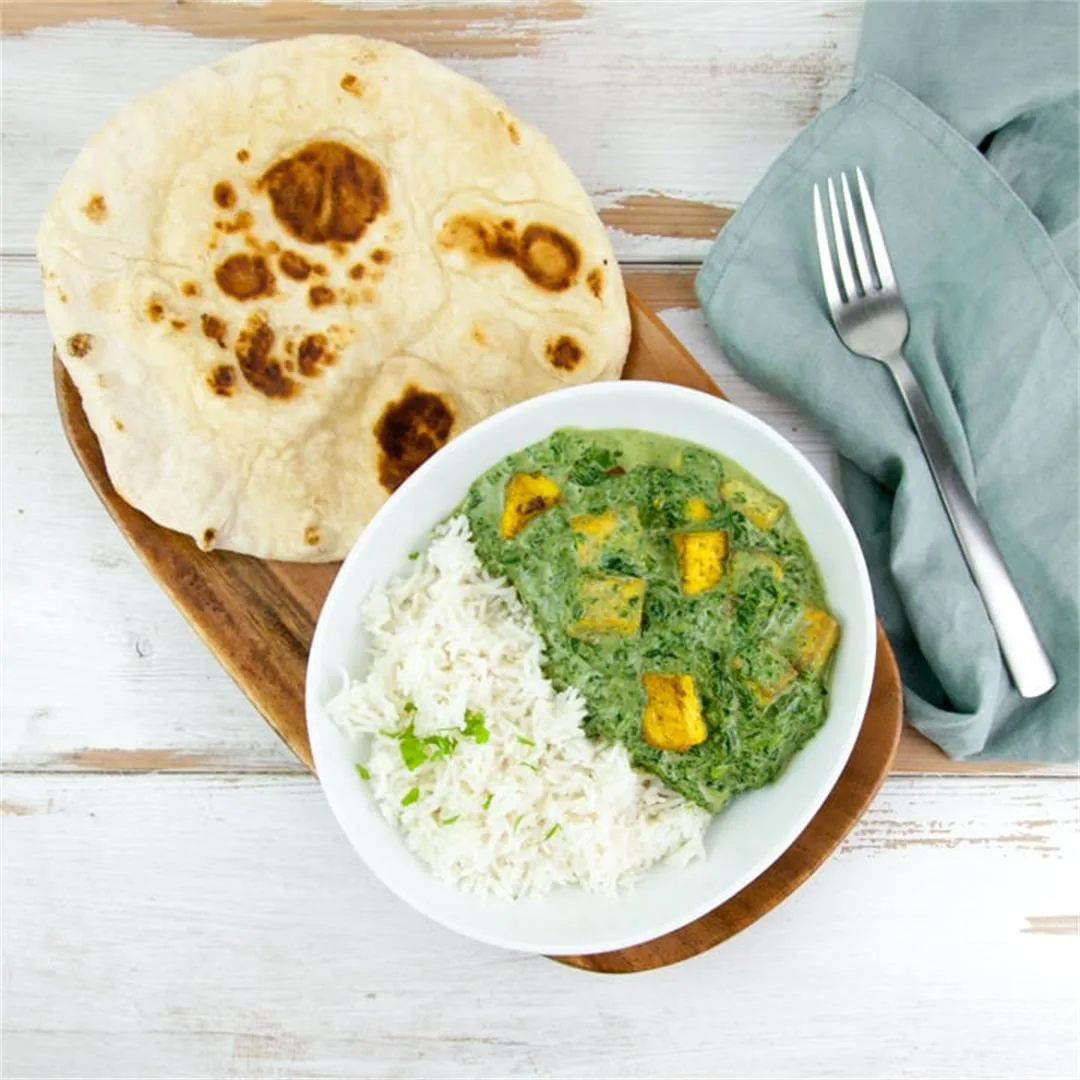 Tofu & Spinach Curry (Vegan) with Basmati Rice, Naan & Sauteed Spinach Tofu & Spinach Curry (Vegan) with Basmati Rice, Naan & Sauteed Spinach