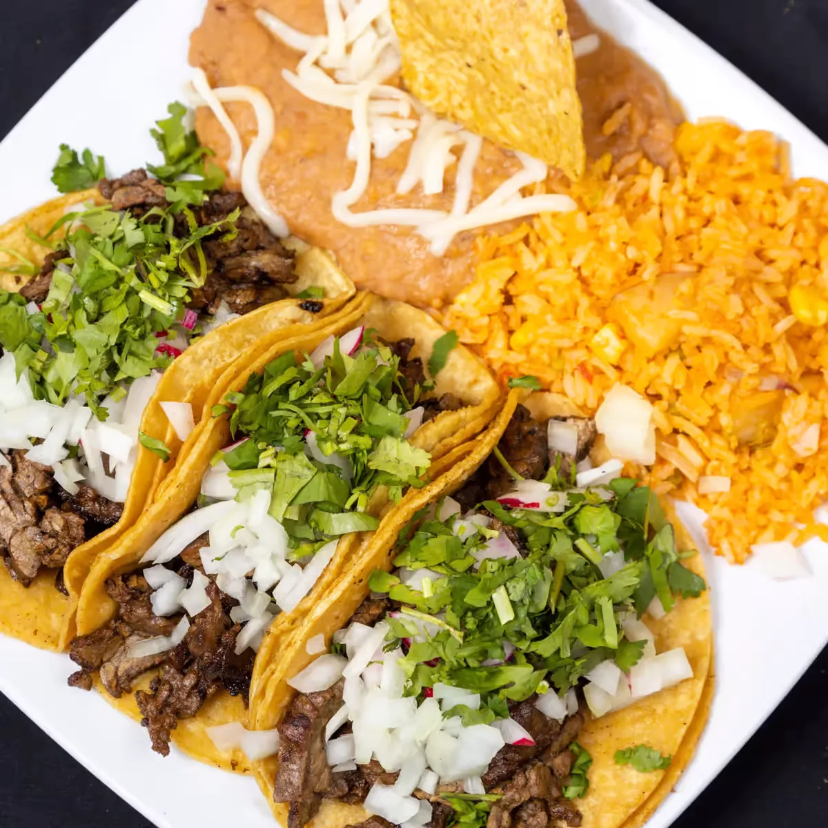 2 Carne Asada Tacos with Rice and Beans 2 Carne Asada Tacos with Rice and Beans