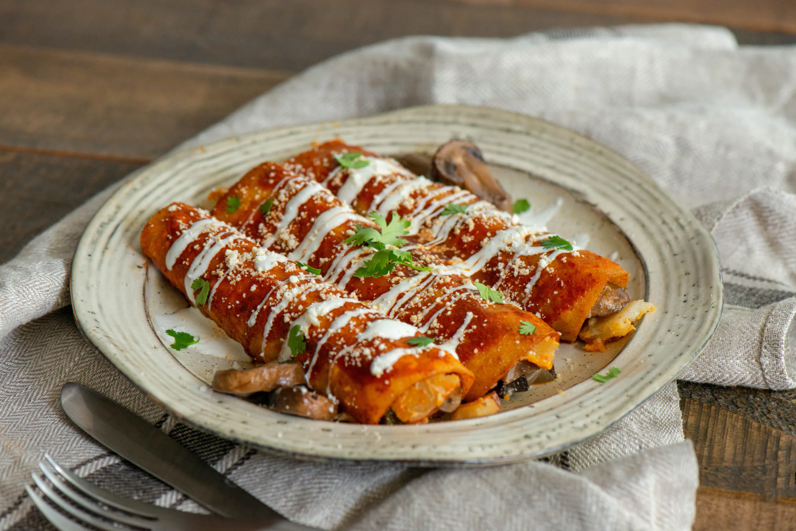 Vegan Mushroom and Vegetable Enchiladas Plate