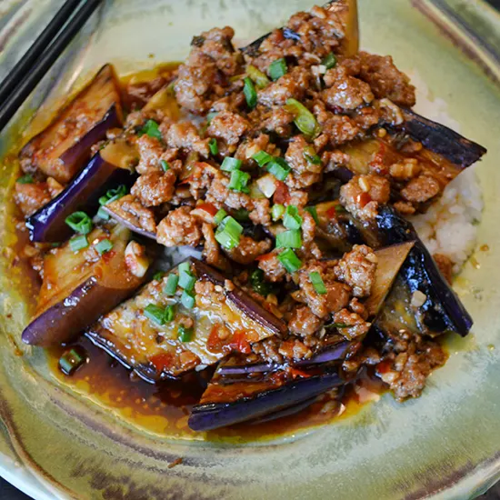 Eggplant with Garlic Sauce with Brown Rice & Sauteed Vegetables