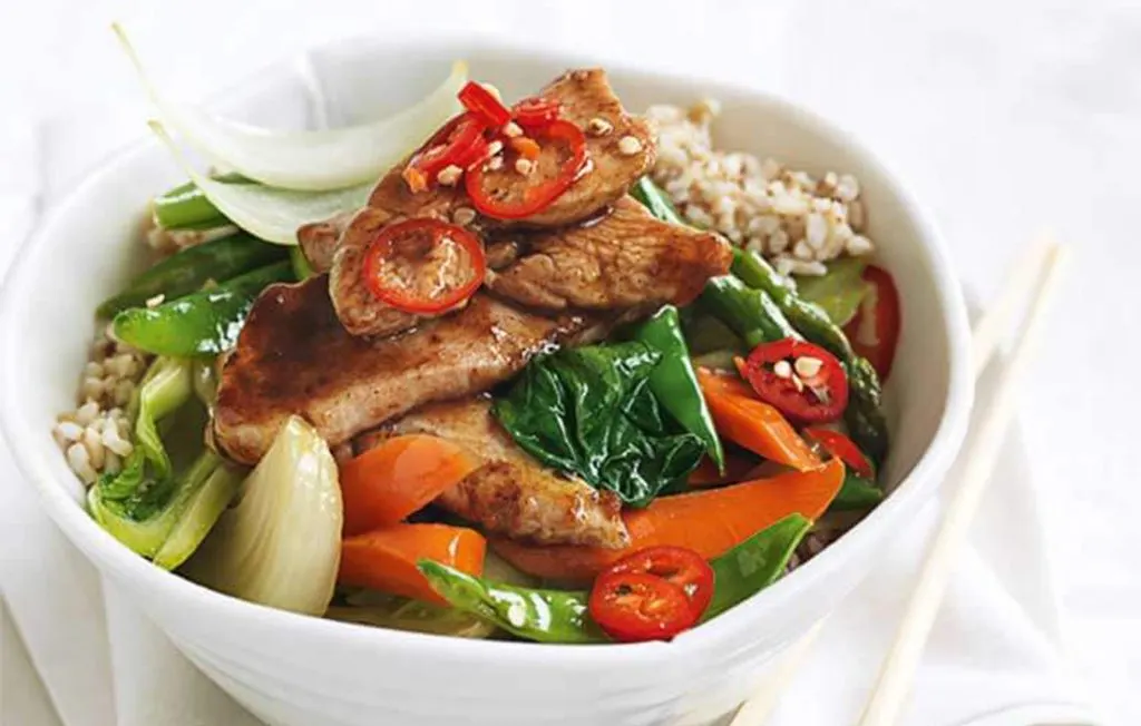 Five Spice Pork with Brown Rice & Sauteed Vegetables