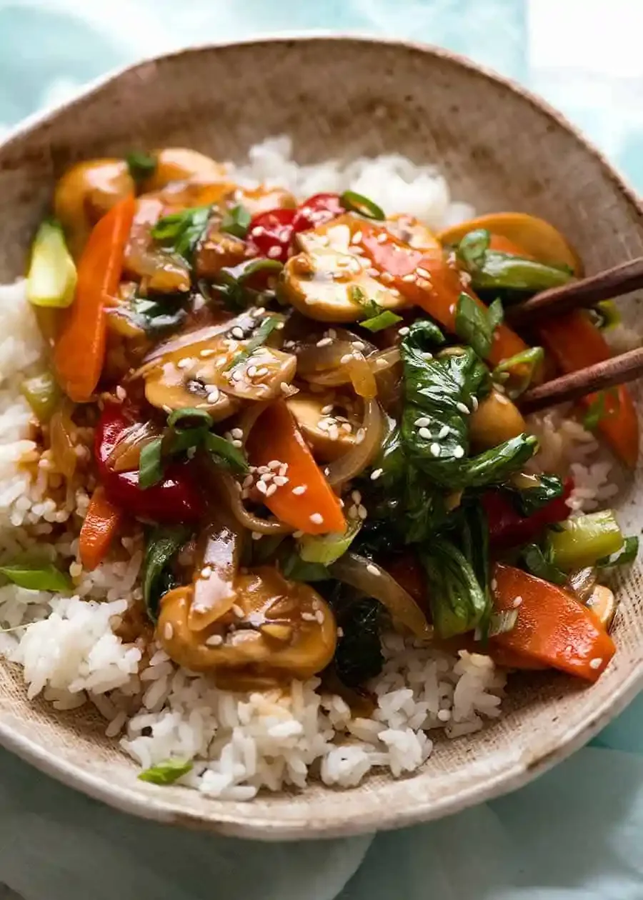 Stir Fry Mushroom Veggie with White Rice & Sauteed String Beans