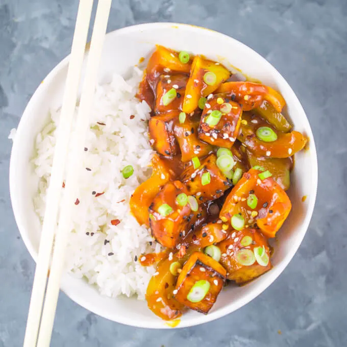 Sweet & Sour Tofu with White Rice & Sauteed String Beans