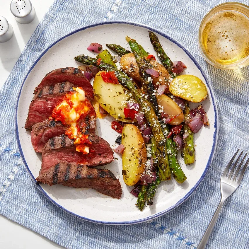 Flat Iron Steak, Rosemary Balsamic, Fingerling Potatoes, Asparagus & Mushrooms