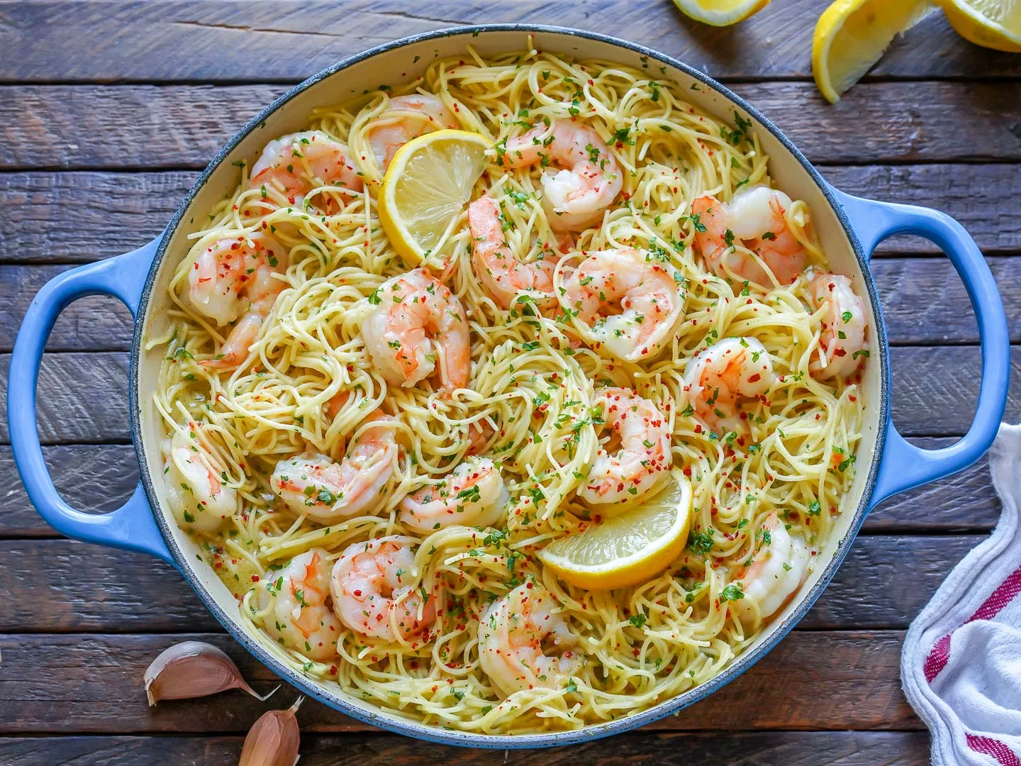 Shrimp Scampi & Angel Hair Pasta with Garlic Bread & Seasonal Vegetable Medley