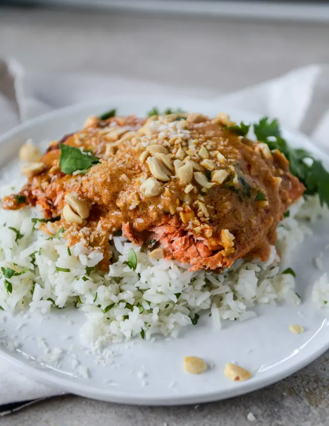 Thai Salmon Satay with White Rice and Cucumber Salad Thai Salmon Satay with White Rice and Cucumber Salad