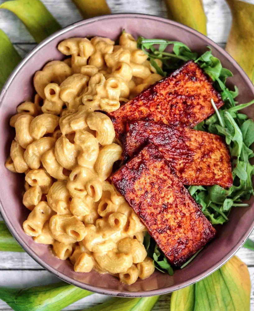 BBQ Tofu with Vegan Mac & Sauteed Spinach