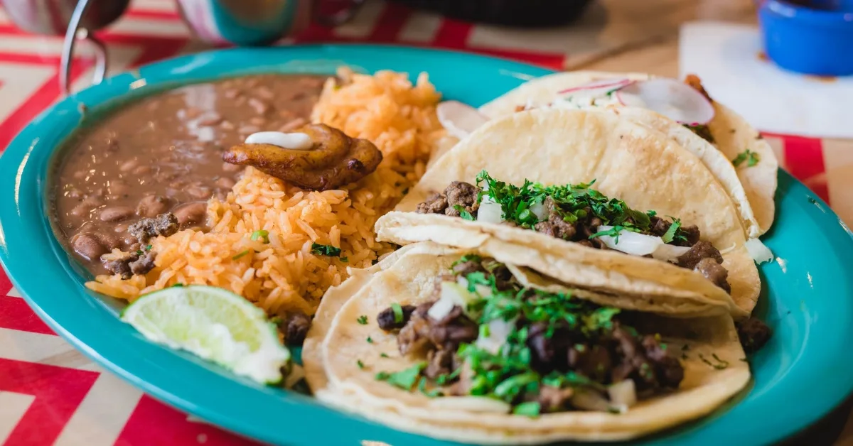 Grilled Beef Super Tacos with Refried Beans, Rice and Salsa