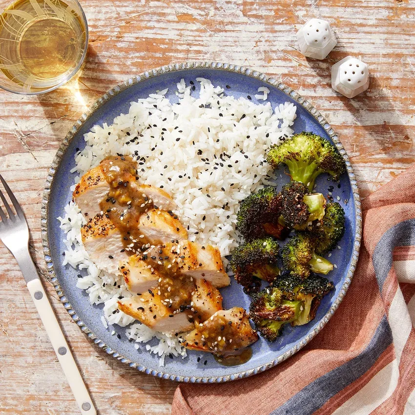 Miso butter chicken over jasmine tea rice with broccoli Miso butter chicken over jasmine tea rice with broccoli