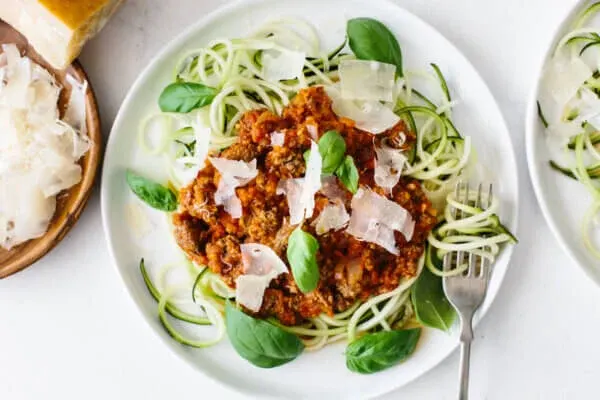 Beef bolognese over zoodled zucchini "noodle"