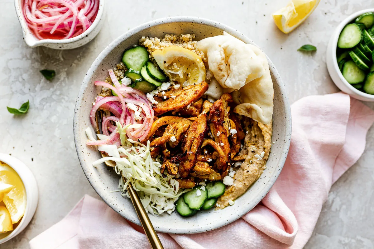 Grilled Chicken with Seasoned Rice, Roasted Veggies and Pita with Hummus Grilled Chicken with Seasoned Rice, Roasted Veggies and Pita with Hummus