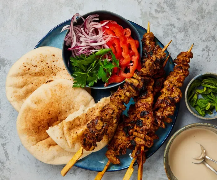 Lamb Loin Kebabs, Mashed Potatoes & Roasted Veggies with a side of Pita & Hummus Lamb Loin Kebabs, Mashed Potatoes & Roasted Veggies with a side of Pita & Hummus