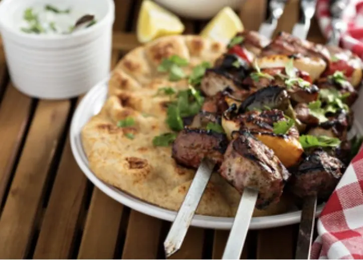 Lamb & Chicken Skewer, Mashed Potato, Roasted Veggie, Yogurt-Cucumber Dip & Pita Lamb & Chicken Skewer, Mashed Potato, Roasted Veggie, Yogurt-Cucumber Dip & Pita