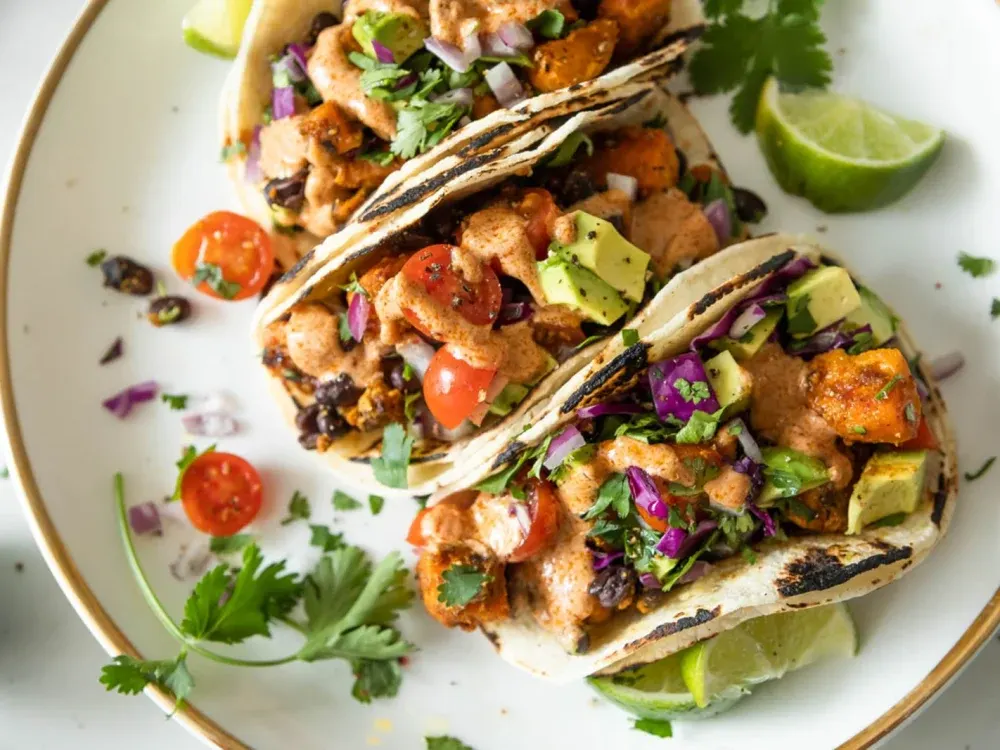 Chipotle Lime Sweet Potato Tacos with Corn Salsa and Roasted Corn Salad