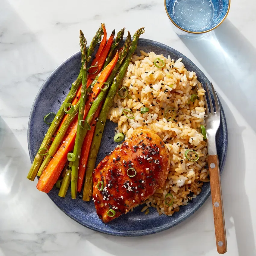 Soy Glazed Chicken with Kimchi Fried Rice and Assorted Veggies Soy Glazed Chicken with Kimchi Fried Rice and Assorted Veggies