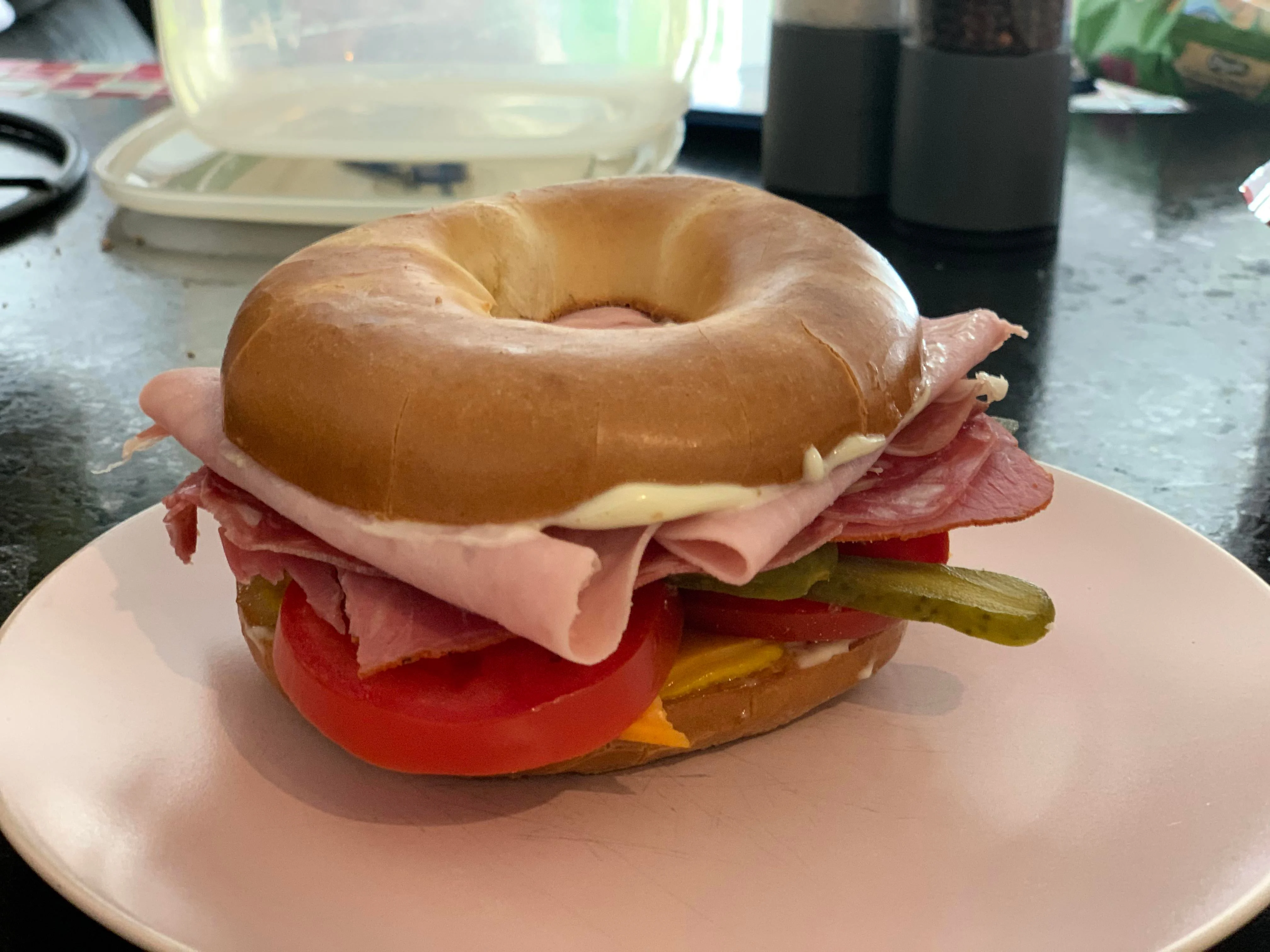 Ham and Cheddar Sandwich - Plain Bagel Ham and Cheddar Sandwich - Plain Bagel
