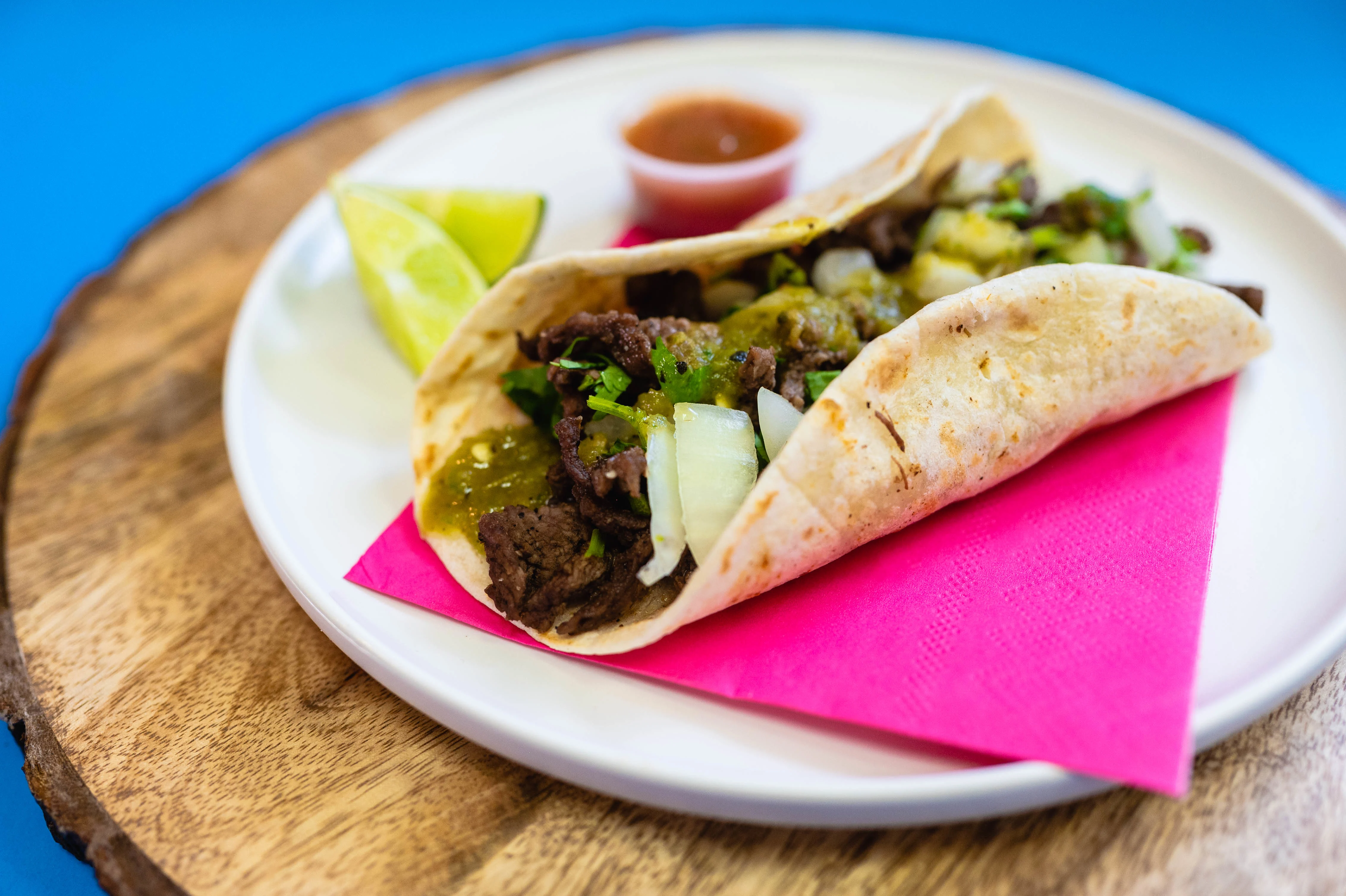 Steak Tacos on Corn Tortillas with Rice and Beans