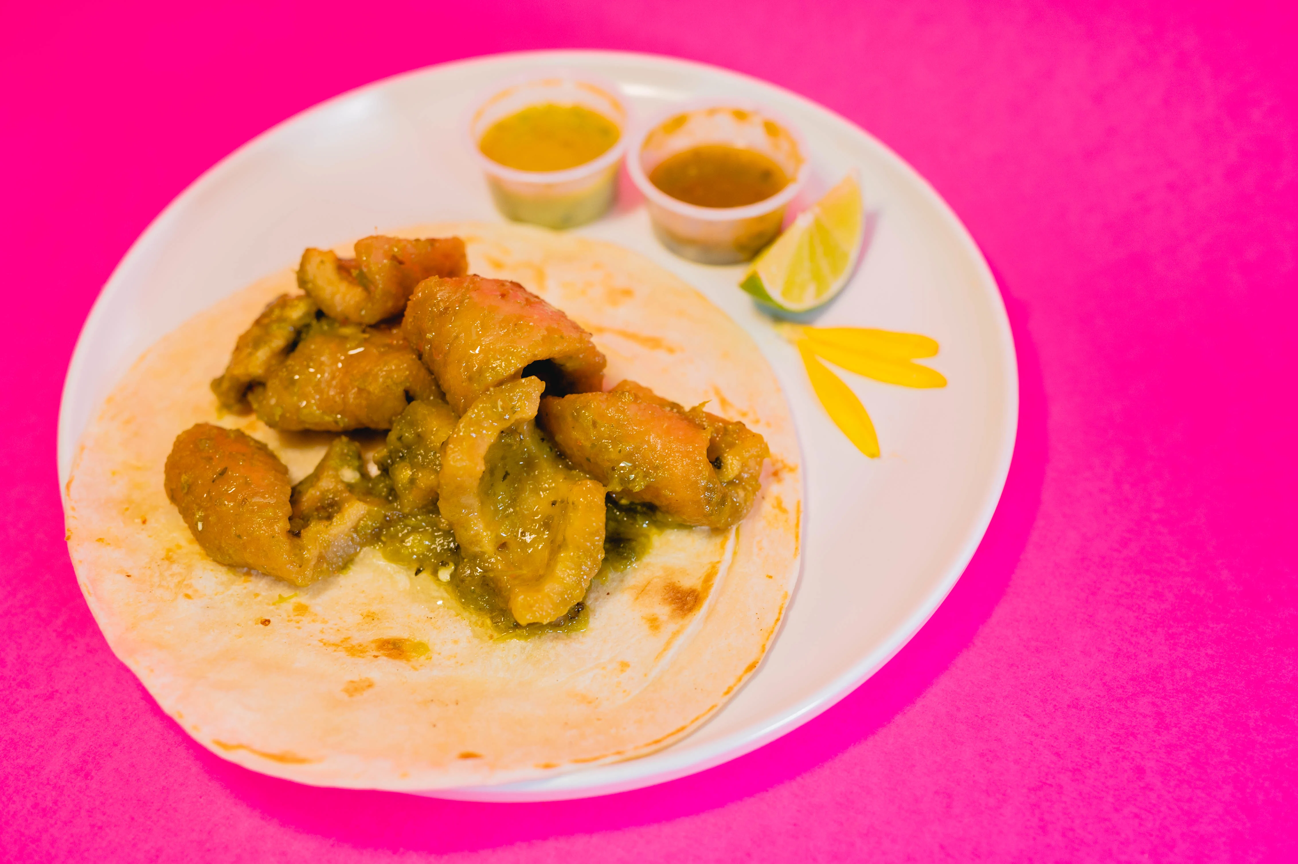 Chicharones Tacos on Corn Tortillas with Rice and Beans