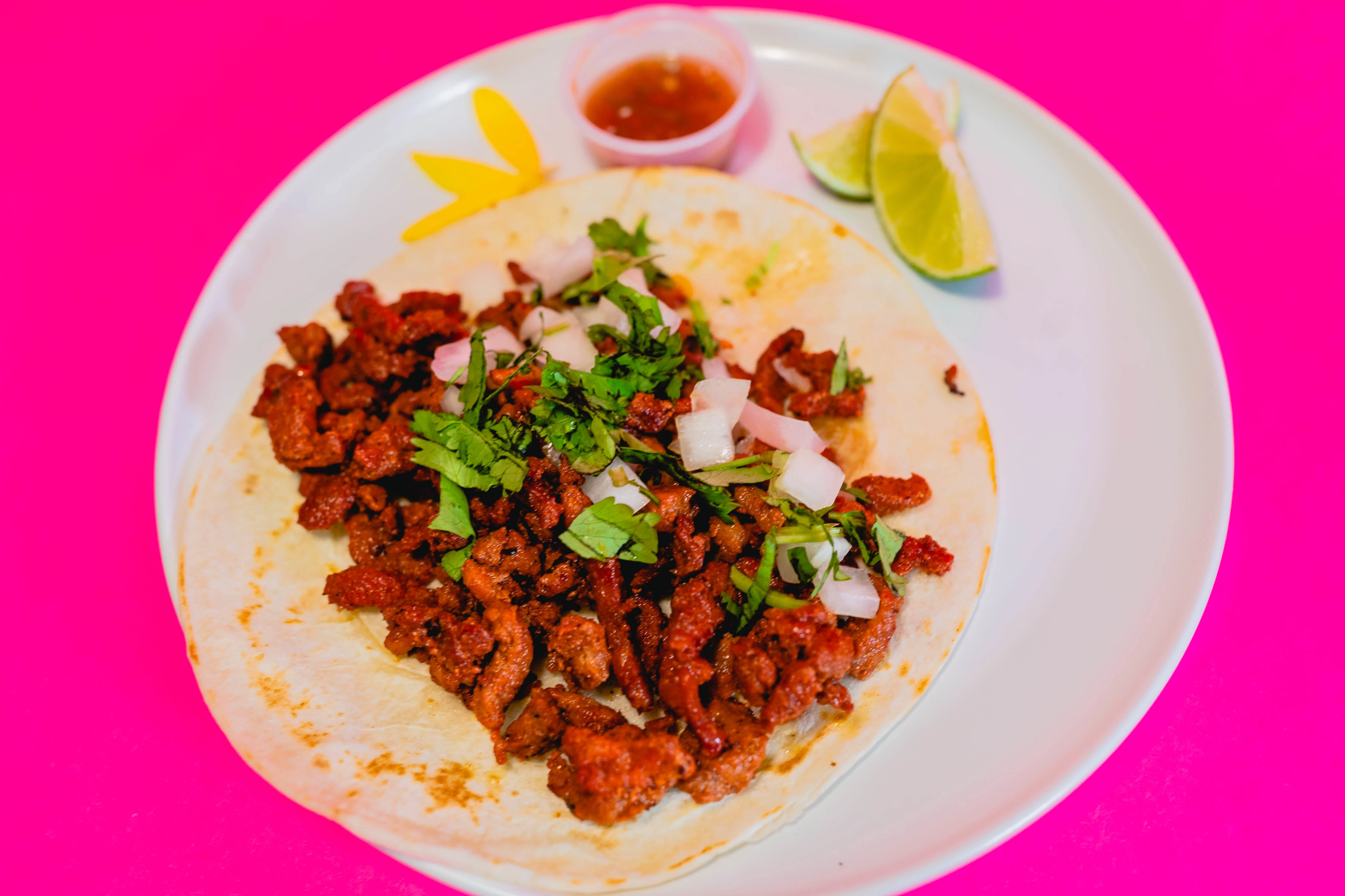 Pastor Tacos on Corn Tortillas with Rice and Beans