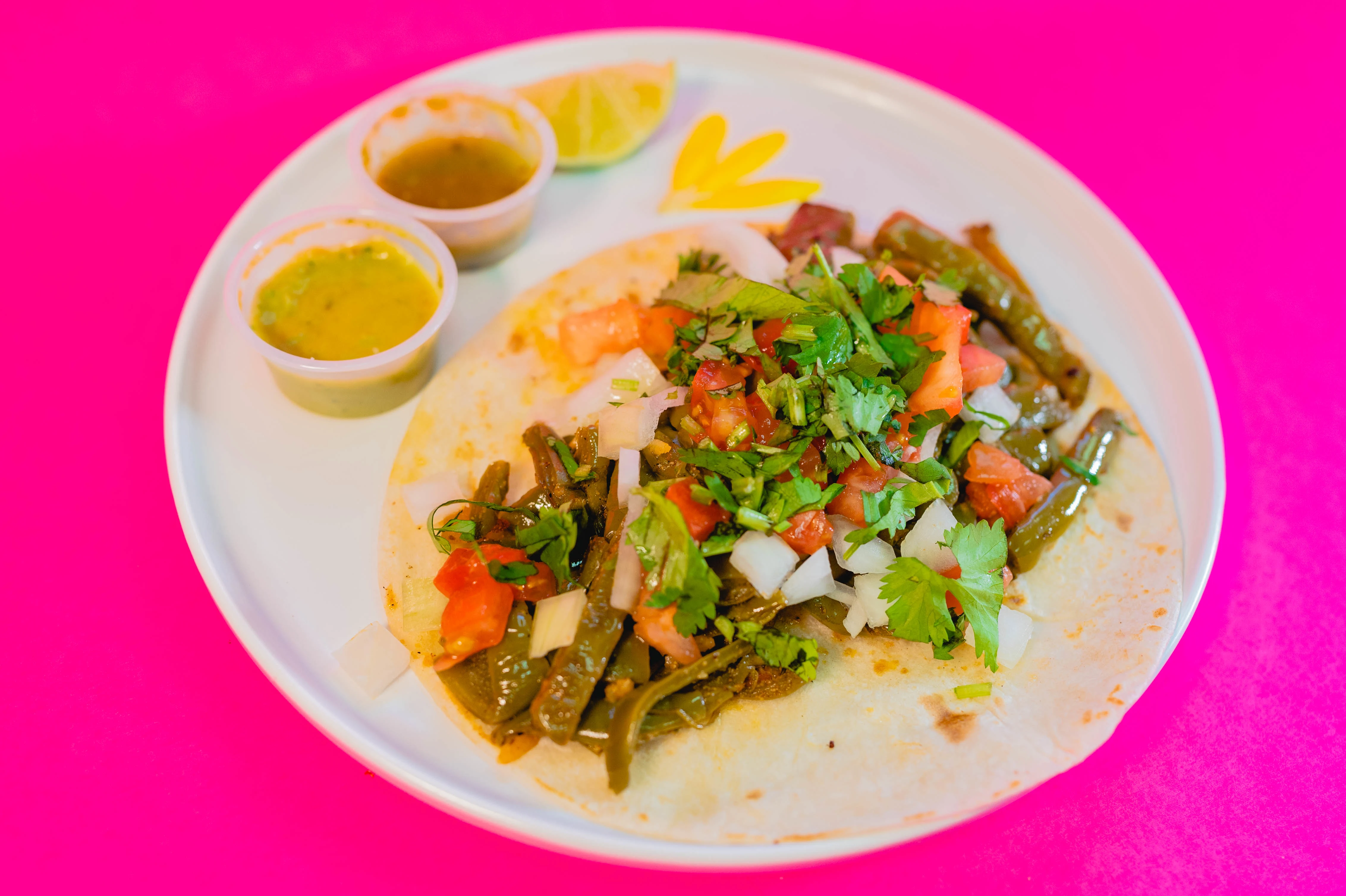 Nopalitos Tacos on Flour Tortillas with Rice and Beans