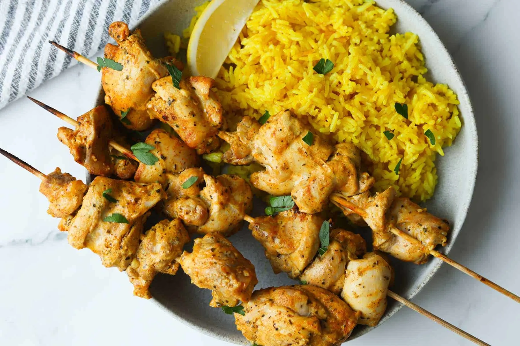 Grilled Chicken Skewers & Pulled Pork, Mediterranean Rice, Grilled Vegetables Grilled Chicken Skewers & Pulled Pork, Mediterranean Rice, Grilled Vegetables